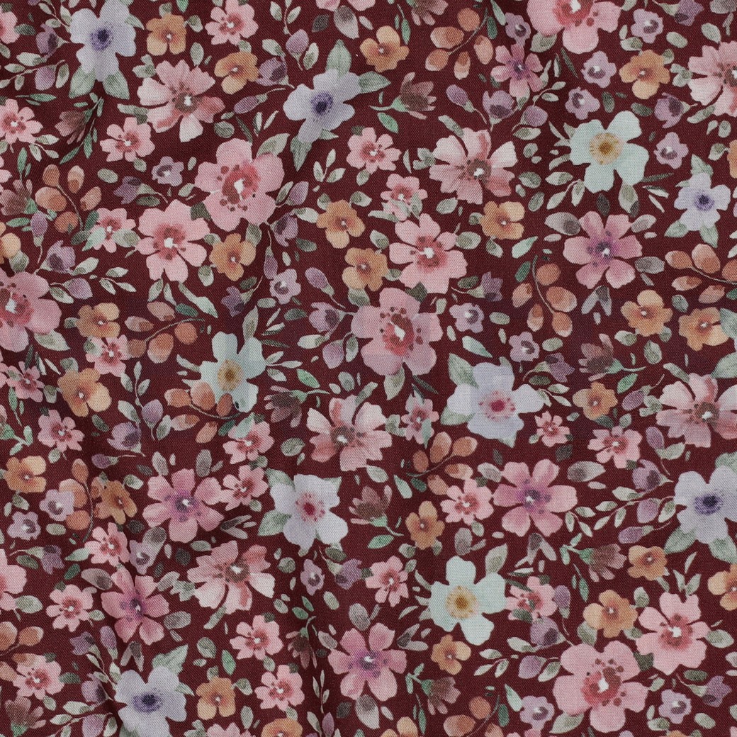 FIJNGEWEVEN KATOENEN POPLIN DIGITAAL BLOEMEN BORDEAUXROOD (hover)