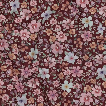 FIJNGEWEVEN KATOENEN POPLIN DIGITAAL BLOEMEN BORDEAUXROOD (hover)