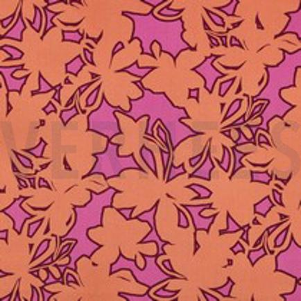 FIJNGEWEVEN KATOENEN POPLIN BLOEMEN ORANJE/ROZE (thumbnail)