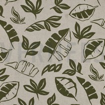 TOILE DÉCORATION LIN LOOK FEUILLES VERT ARMÉE (thumbnail)