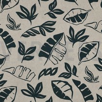 TOILE DÉCORATION LIN LOOK FEUILLES PÉTROLE FONCÉ (thumbnail)
