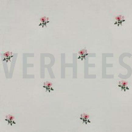 BAUMWOLLE VOILE KRINKEL STICKEREI BLUMEN GEBROCHEN WEISS (thumbnail)