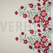 LINEN VISCOSE ONE-SIDE BORDER FLOWERS CERISE (thumbnail)