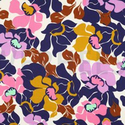 KATOEN SATIJN ABSTRACTE BLOEMEN DONKERBLAUW/ROZE (thumbnail)