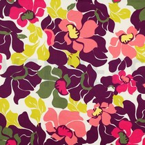 COTTON SATIN ABSTRACT FLOWERS DARK PURPLE/SALMON (thumbnail)
