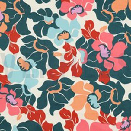 KATOEN SATIJN ABSTRACTE BLOEMEN DONKERGROEN/PERZIK (thumbnail)