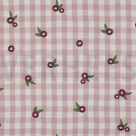 DOUBLE GAUZE CHECKS EMBROIDERY FLOWERS MAUVE (thumbnail)