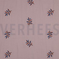 DOUBLE GAZE DE COTON BRODERIE FEUILLES LILAS (thumbnail)
