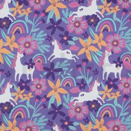 POPELINE DE COTON TISSAGE FIN FLEURS ET LICORNES LAVANDE (thumbnail)