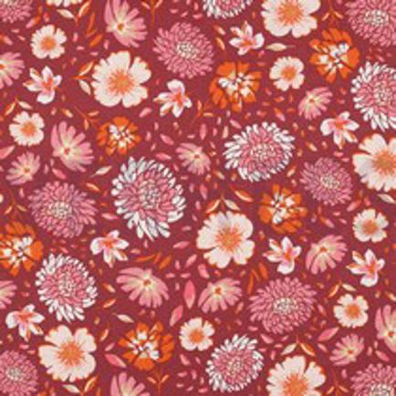 LIN VISCOSE LAVÉ FLEURS CORAIL FONCÉ (thumbnail)