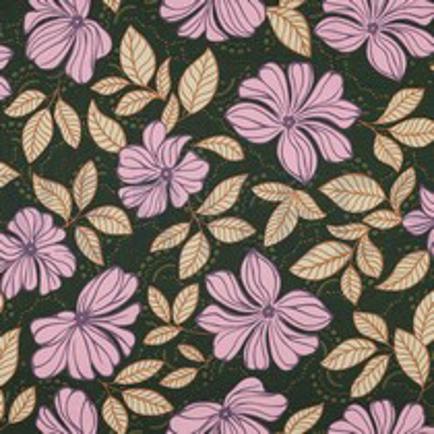 KATOEN SATIJN BLOEMEN DONKERGROEN (thumbnail)