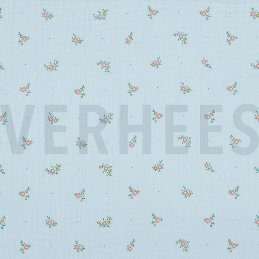 DOUBLE GAZE DE COTON FLEURS BLEU CLAIR (thumbnail)