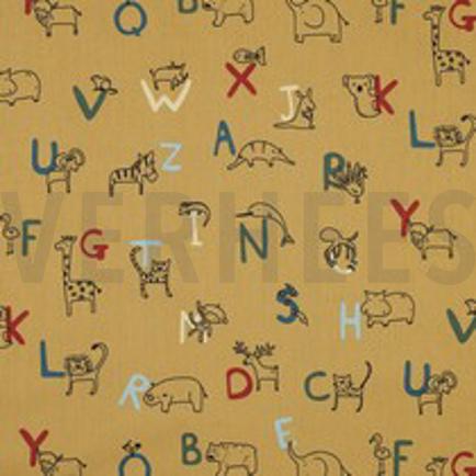 POPELINE DE COTON GOTS ALPHABET ANIMAL MOUTARDE (thumbnail)