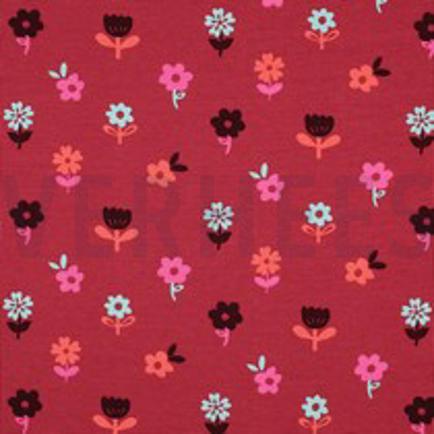 JERSEY GAUFRÉ FLEURS ROUGE FONCÉ (thumbnail)