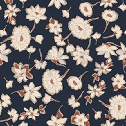 LINNEN GEWASSEN GROTE BLOEMEN MARINEBLAUW (thumbnail)