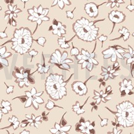 LINNEN GEWASSEN GROTE BLOEMEN LICHT ZAND (thumbnail)