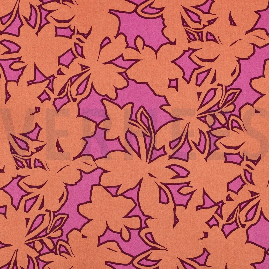 FIJNGEWEVEN KATOENEN POPLIN BLOEMEN ORANJE/ROZE
