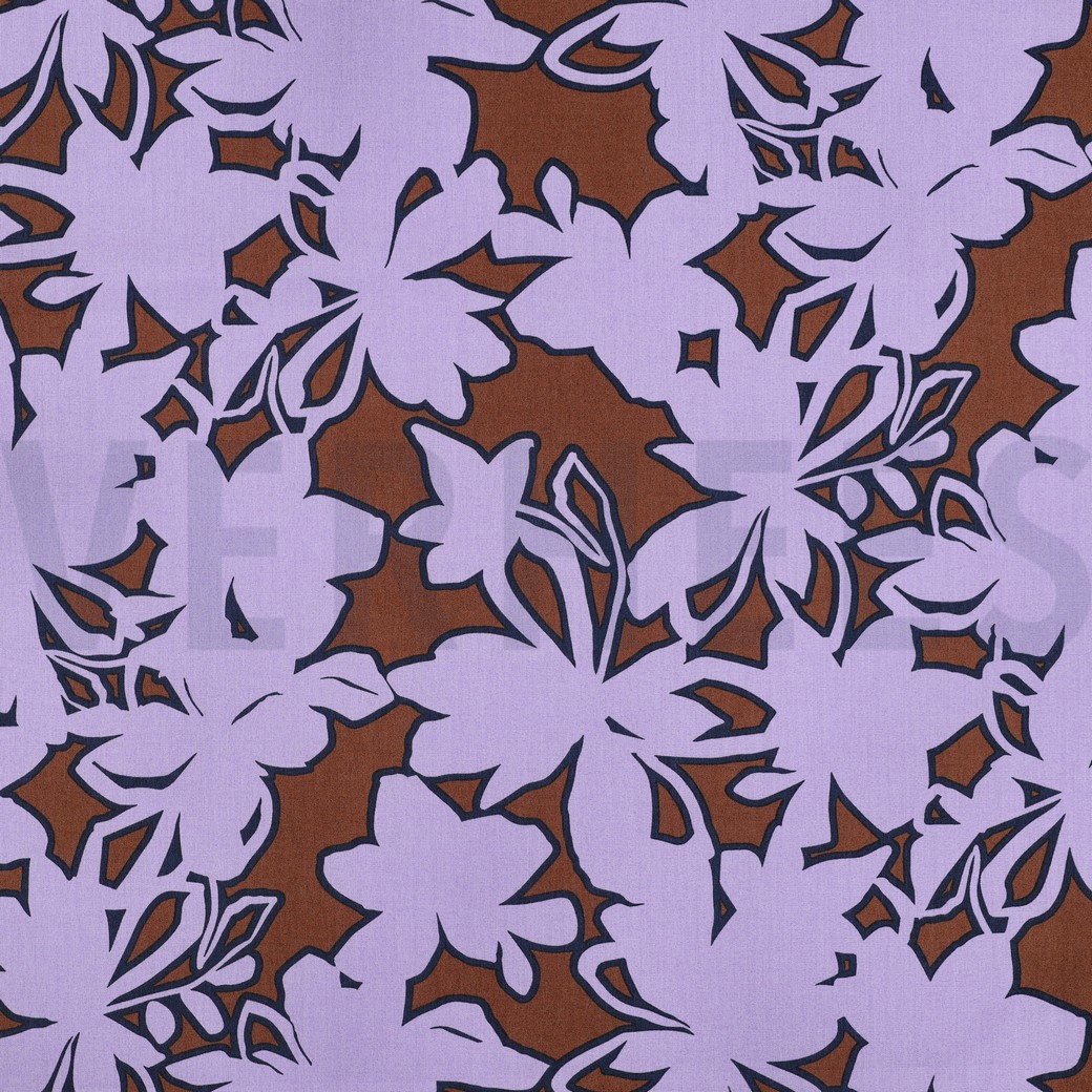 FEIN GEWEBTE BAUMWOLLPOPELINE BLUMEN BRAUN/LILA
