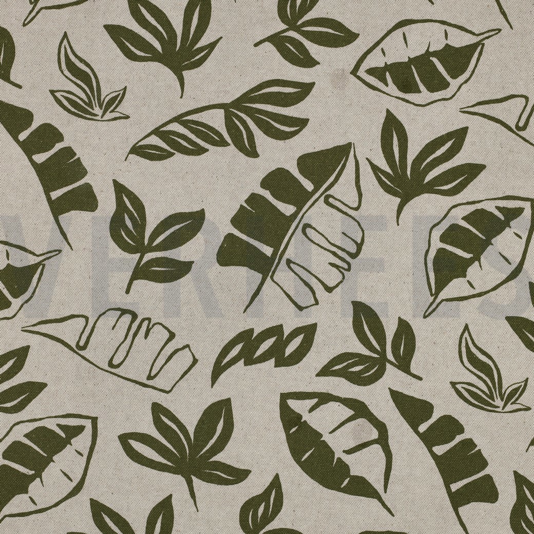 TOILE DÉCORATION LIN LOOK FEUILLES VERT ARMÉE