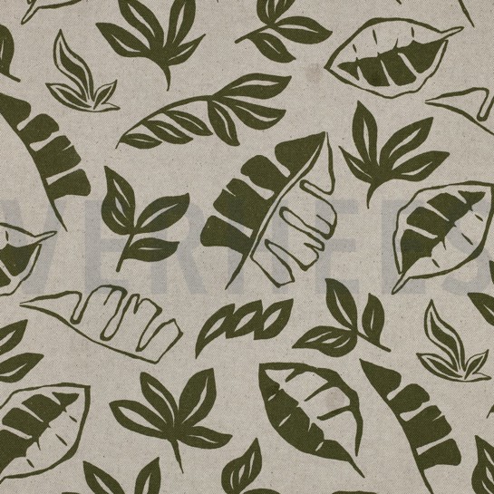 TOILE DÉCORATION LIN LOOK FEUILLES VERT ARMÉE #7