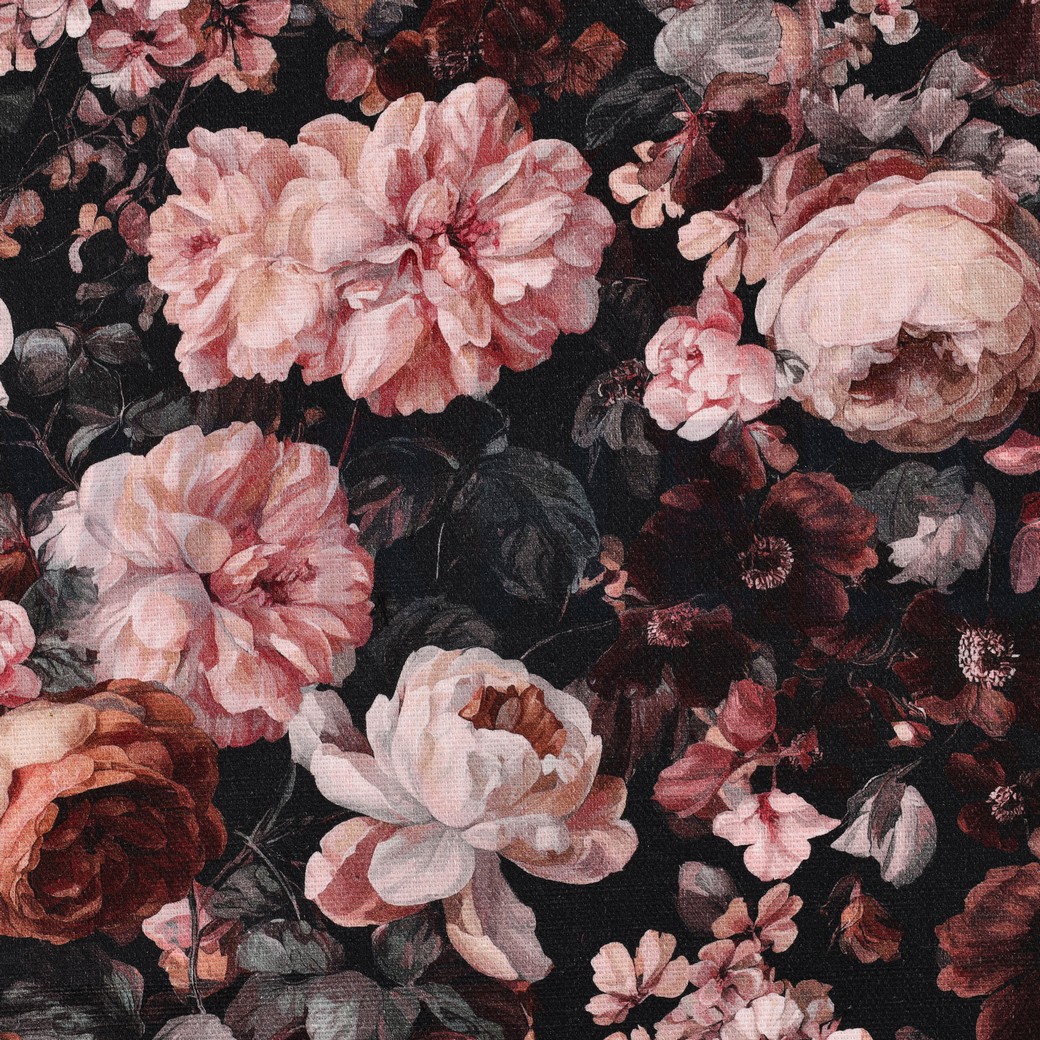 CANVAS SLUB DIGITAAL BLOEMEN BORDEAUXROOD