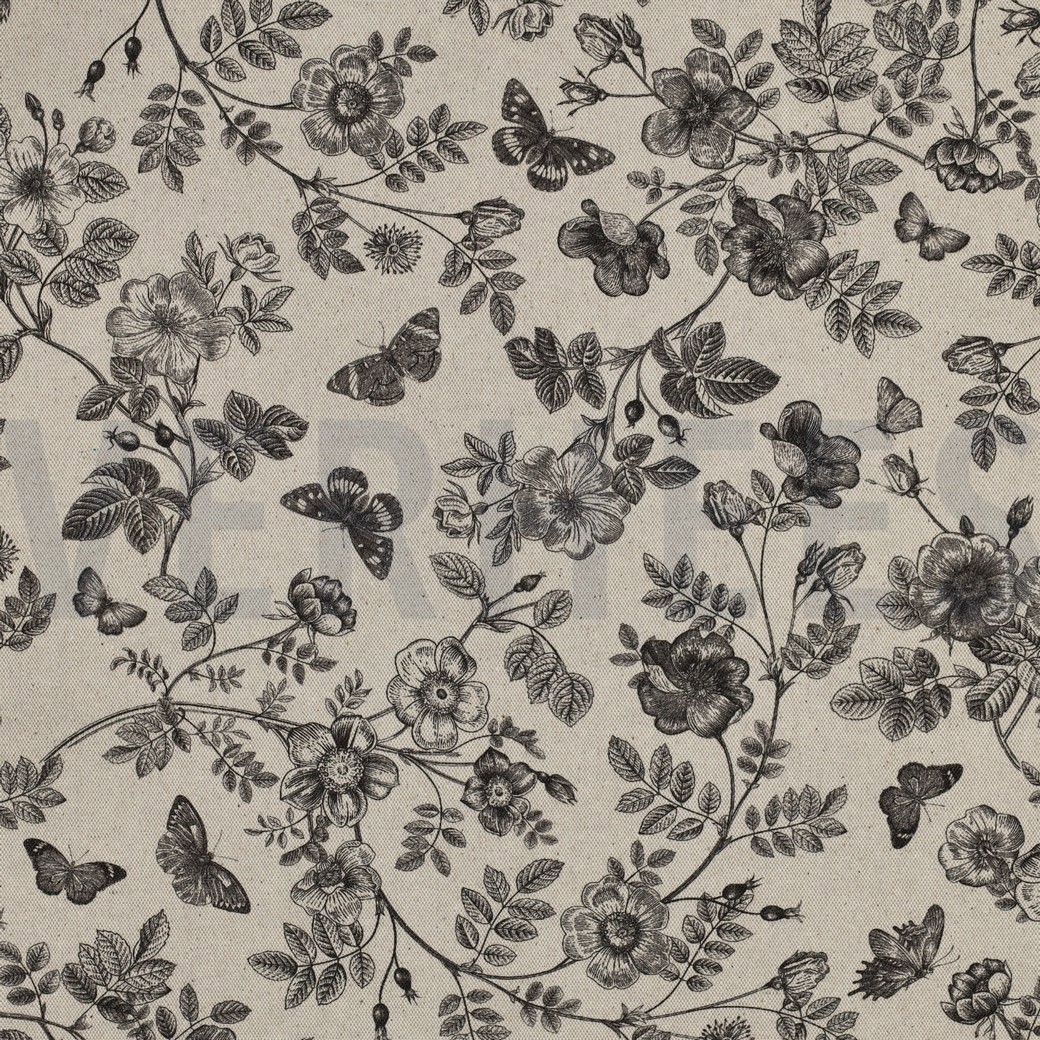 CANVAS LINEN LOOK DIGITAL FLOWERS BLACK