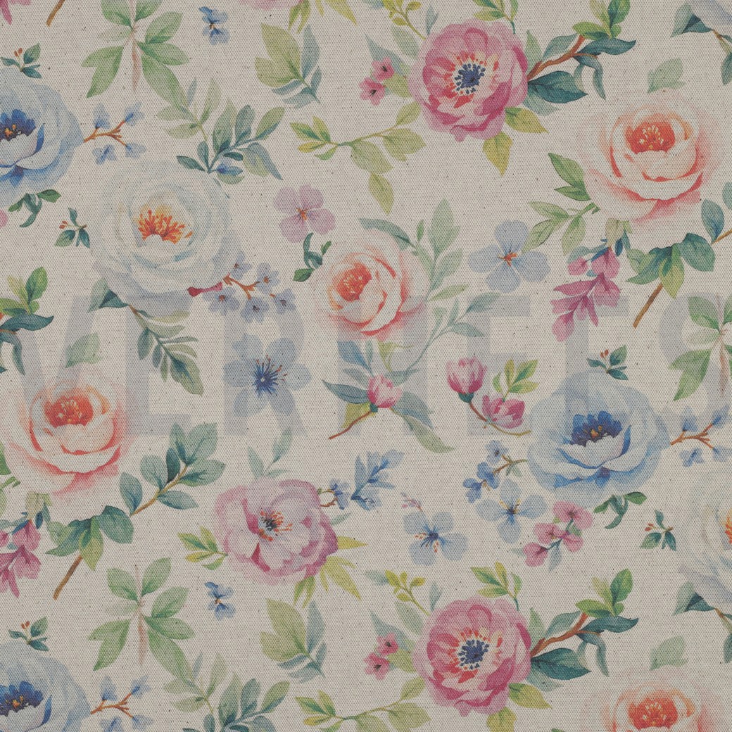 TOILE DÉCORATION LIN LOOK DIGITAL FLEURS NATUREL