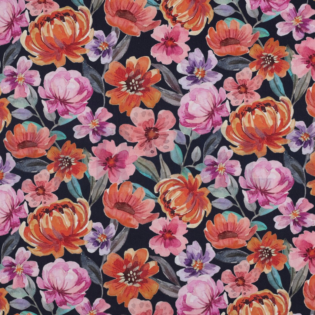 FEIN GEWEBTE BAUMWOLLPOPELINE DIGITAL BLUMEN MARINEBLAU