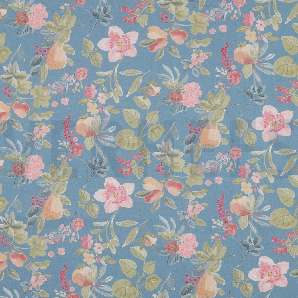 FEIN GEWEBTE BAUMWOLLPOPELINE DIGITAL BLUMEN BLAU