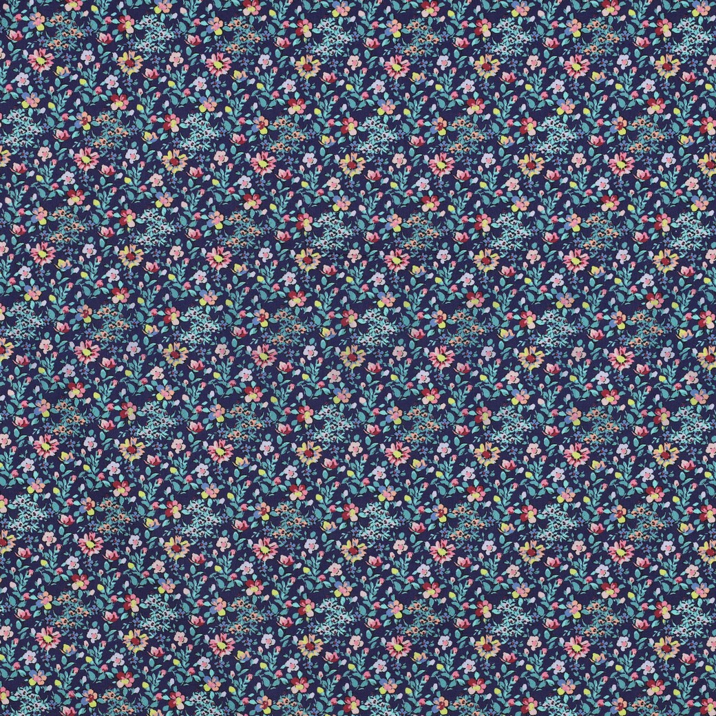 FEIN GEWEBTE BAUMWOLLPOPELINE DIGITAL BLUMEN MARINEBLAU