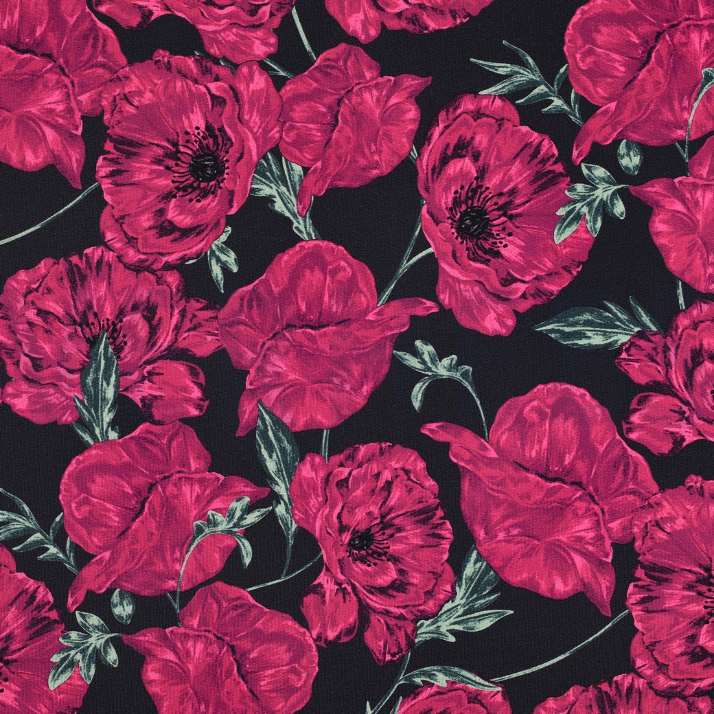 FRENCH TERRY DIGITAL BLUMEN MARINEBLAU