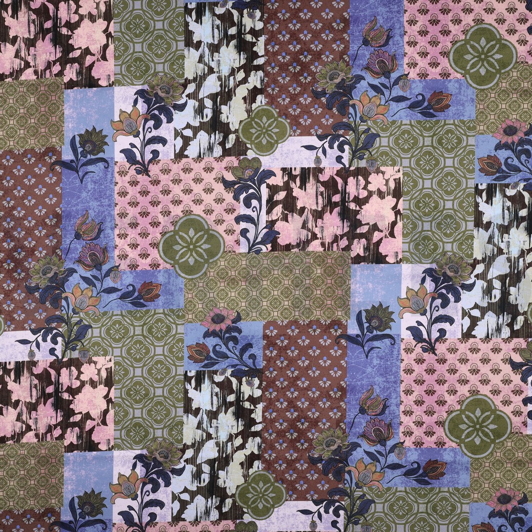 COTTON SATIN DIGITAL PATCHWORK BLUE