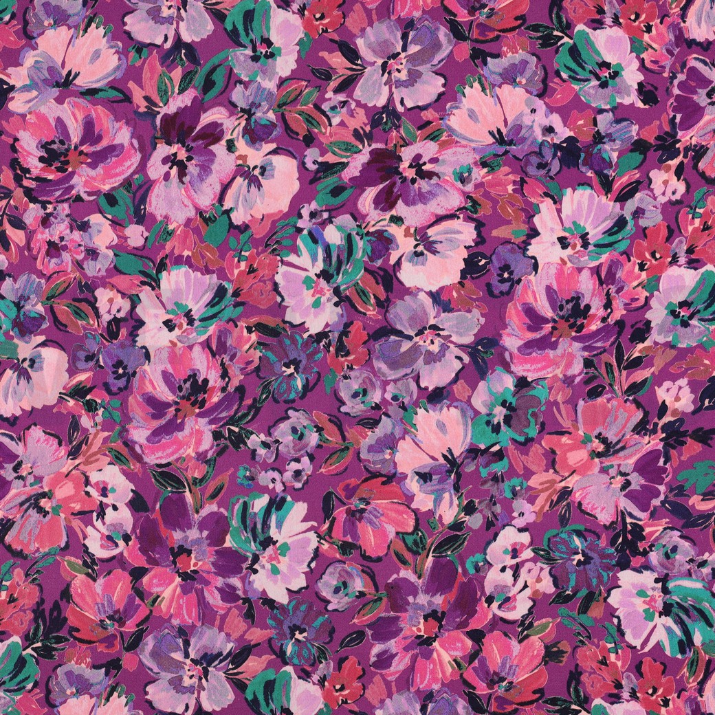 COTON SATIN DIGITAL FLEURS VIOLET