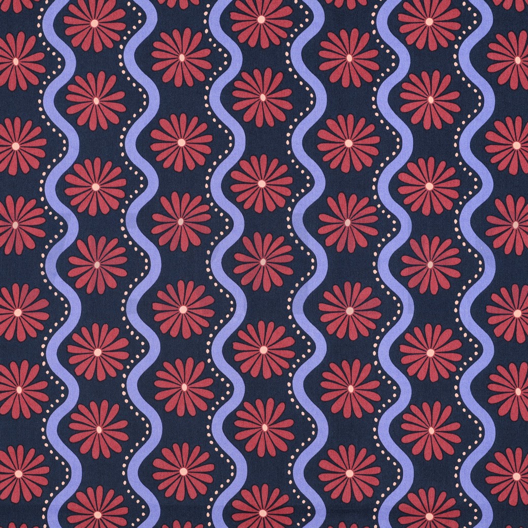 KATOEN VISCOSE BLOEMEN MARINEBLAUW
