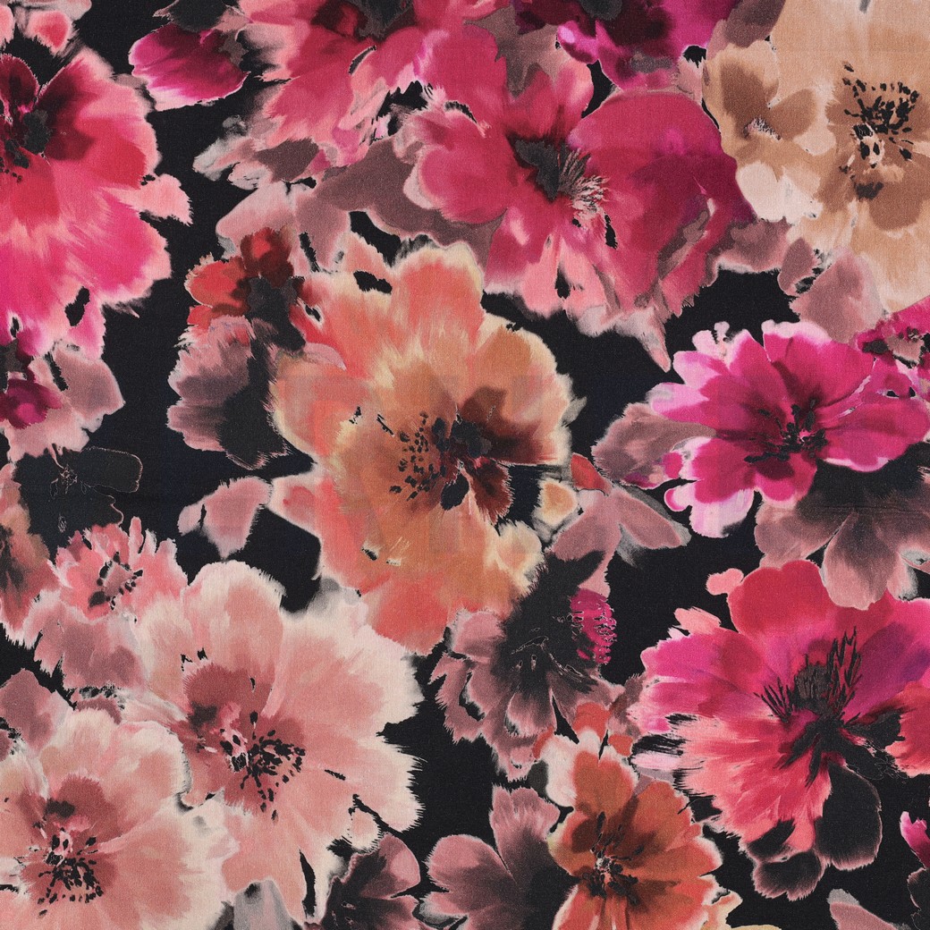 BAUMWOLLE VISKOSE DIGITAL BLUMEN SCHWARZ