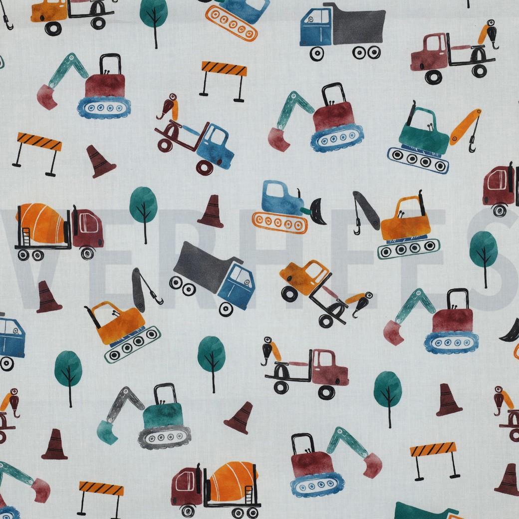 FINE POPLIN DIGITAL CONSTRUCTION VEHICLES WHITE