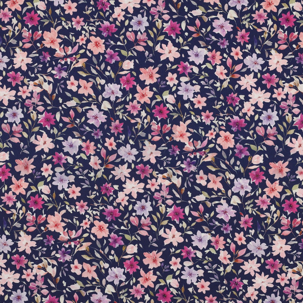 FIJNGEWEVEN KATOENEN POPLIN DIGITAAL BLOEMEN BLAUW