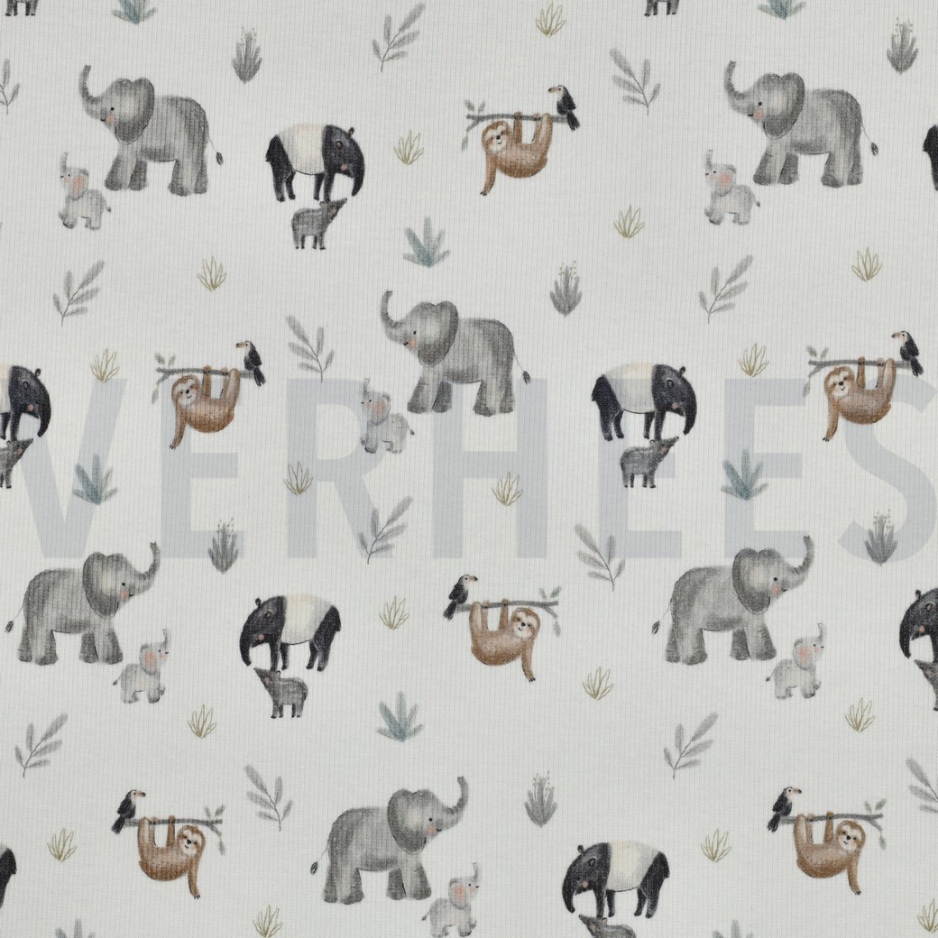RIB JERSEY DIGITAAL SAFARI DIEREN WIT