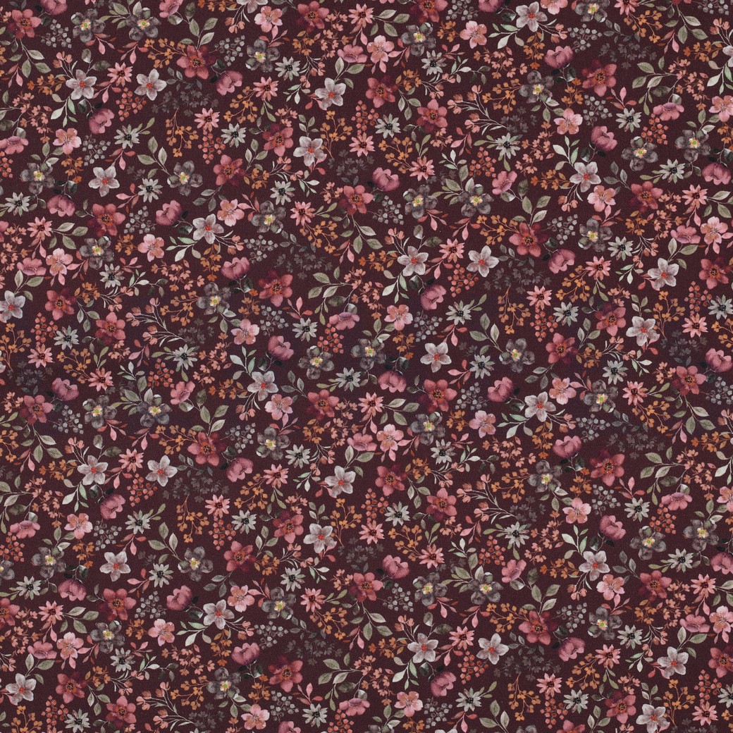 FIJNGEWEVEN KATOENEN POPLIN DIGITAAL BLOEMEN BORDEAUXROOD