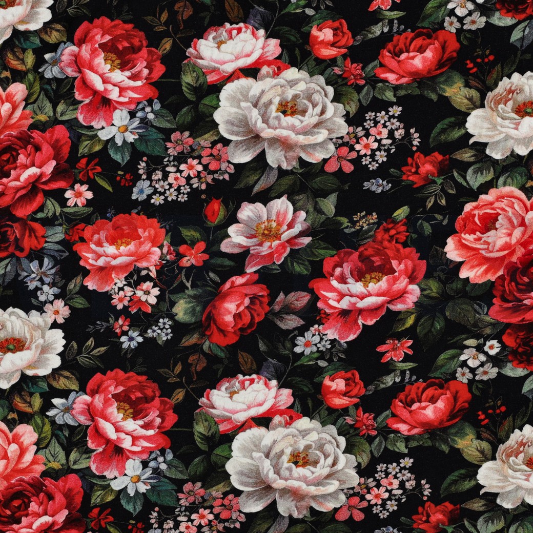 VISCOSE JERSEY DIGITAL FLOWERS BLACK