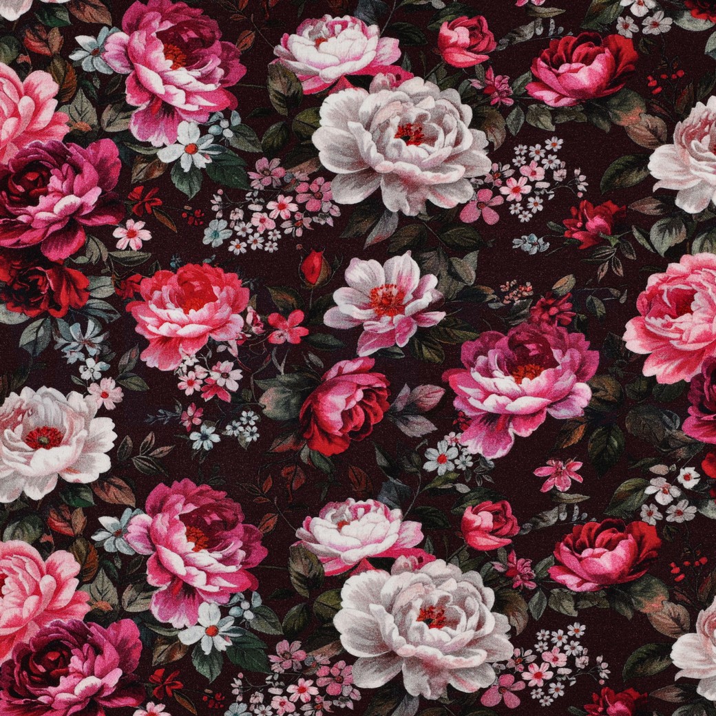 VISKOSE JERSEY DIGITAL BLUMEN BORDEAUXROT