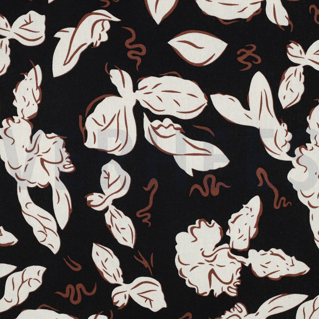 LINEN VISCOSE FLOWERS BLACK