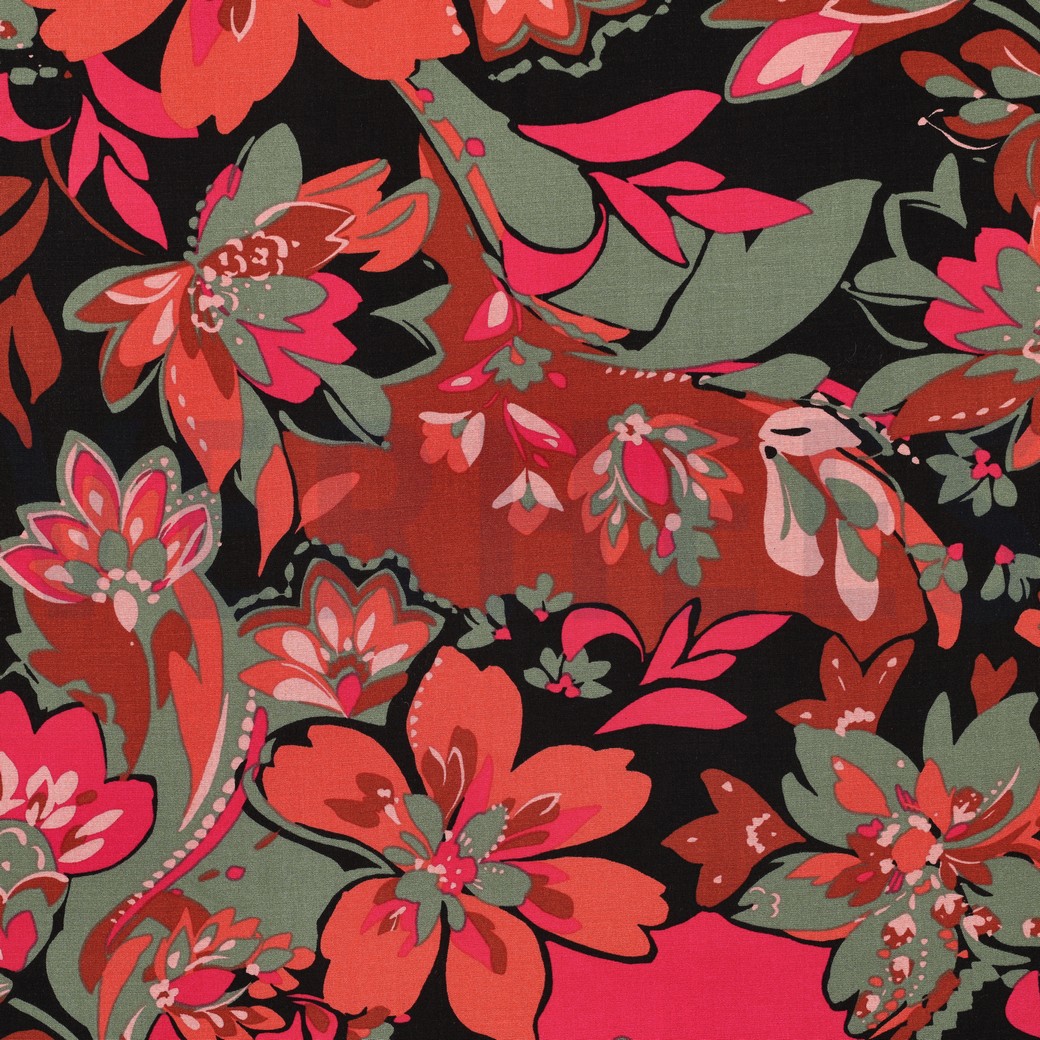 VISCOSE STRETCH FLOWERS BLACK