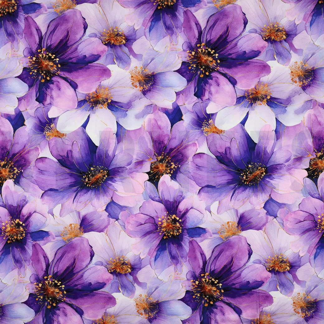 VISKOSE SATIN DIGITAL BLUMEN LILA/VIOLETT
