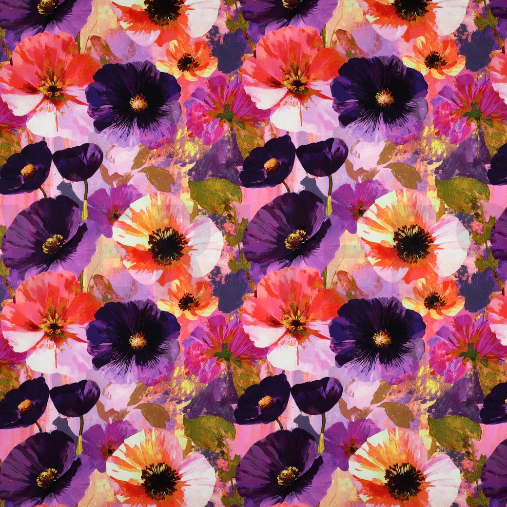 VISKOSE SATIN DIGITAL BLUMEN LILA/VIOLETT