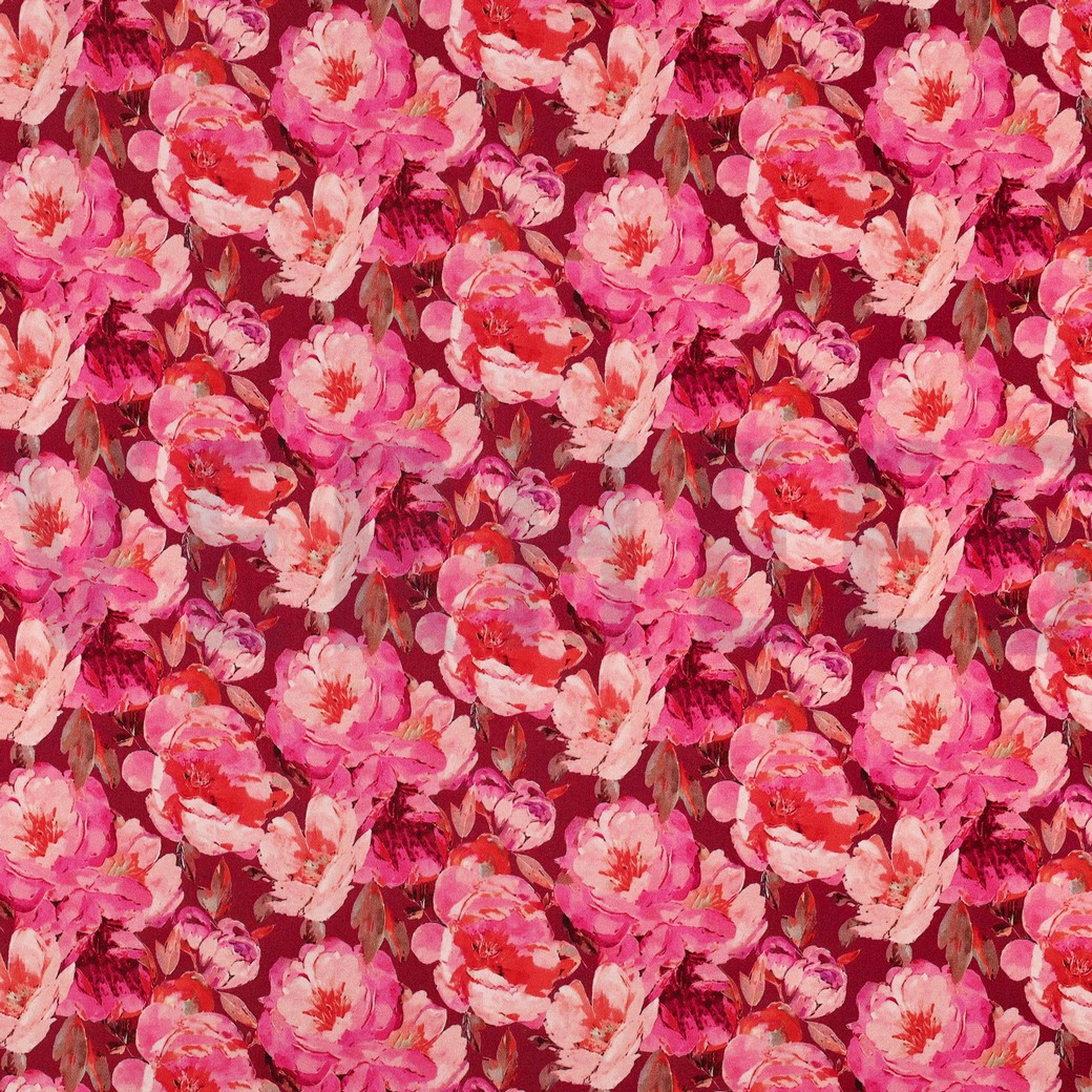 VISCOSE SATIN DIGITAL FLEURS ROSE