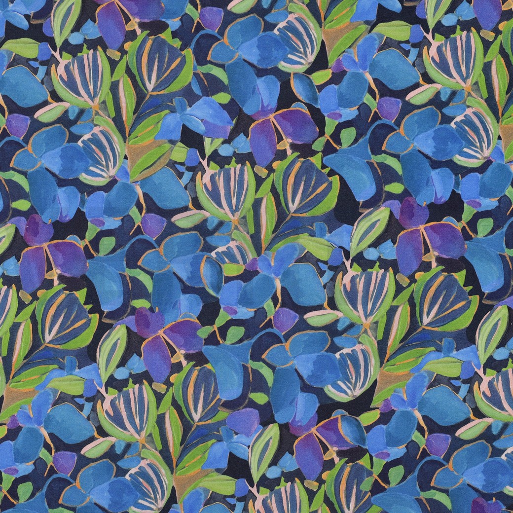 VISCOSE SATIJN DIGITAAL BLOEMEN KOBALTBLAUW