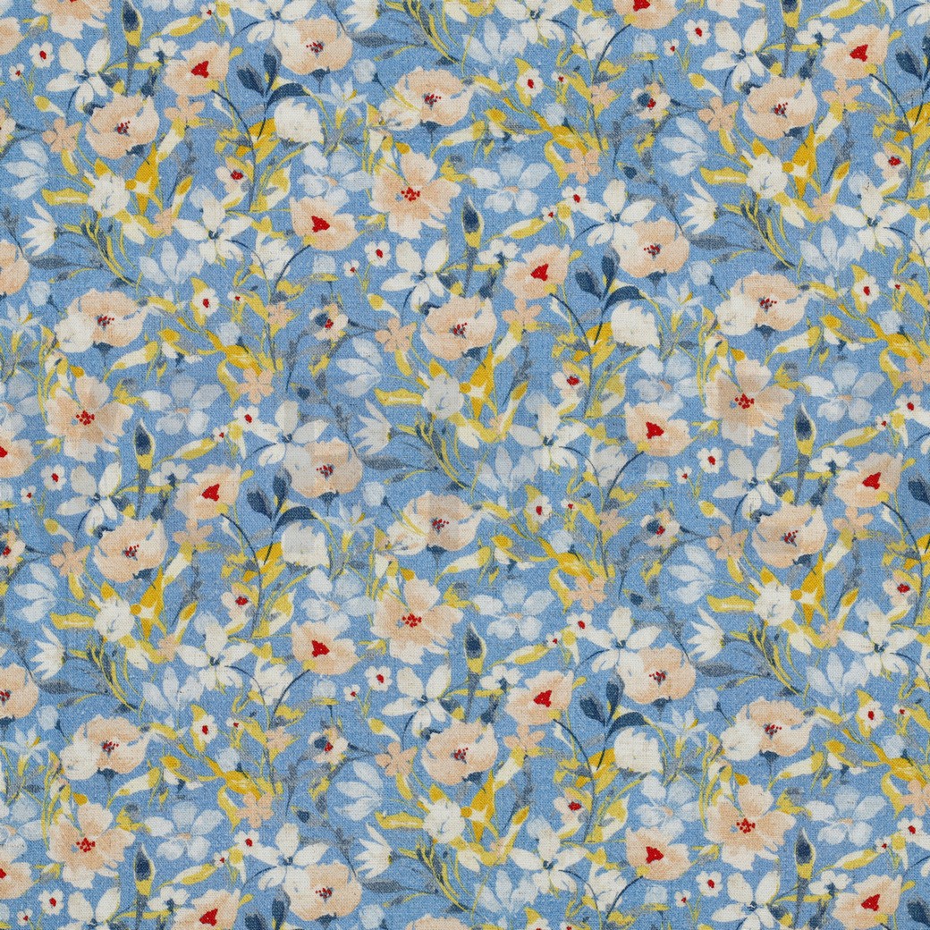 LEINEN VISKOSE KREPP DIGITAL BLUMEN HELLBLAU