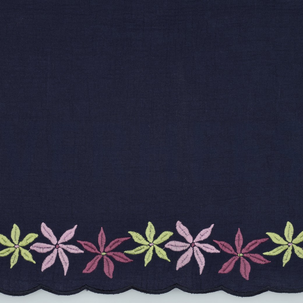 MUSSELIN ZWEISEITIGER RAND BLUMEN MARINEBLAU