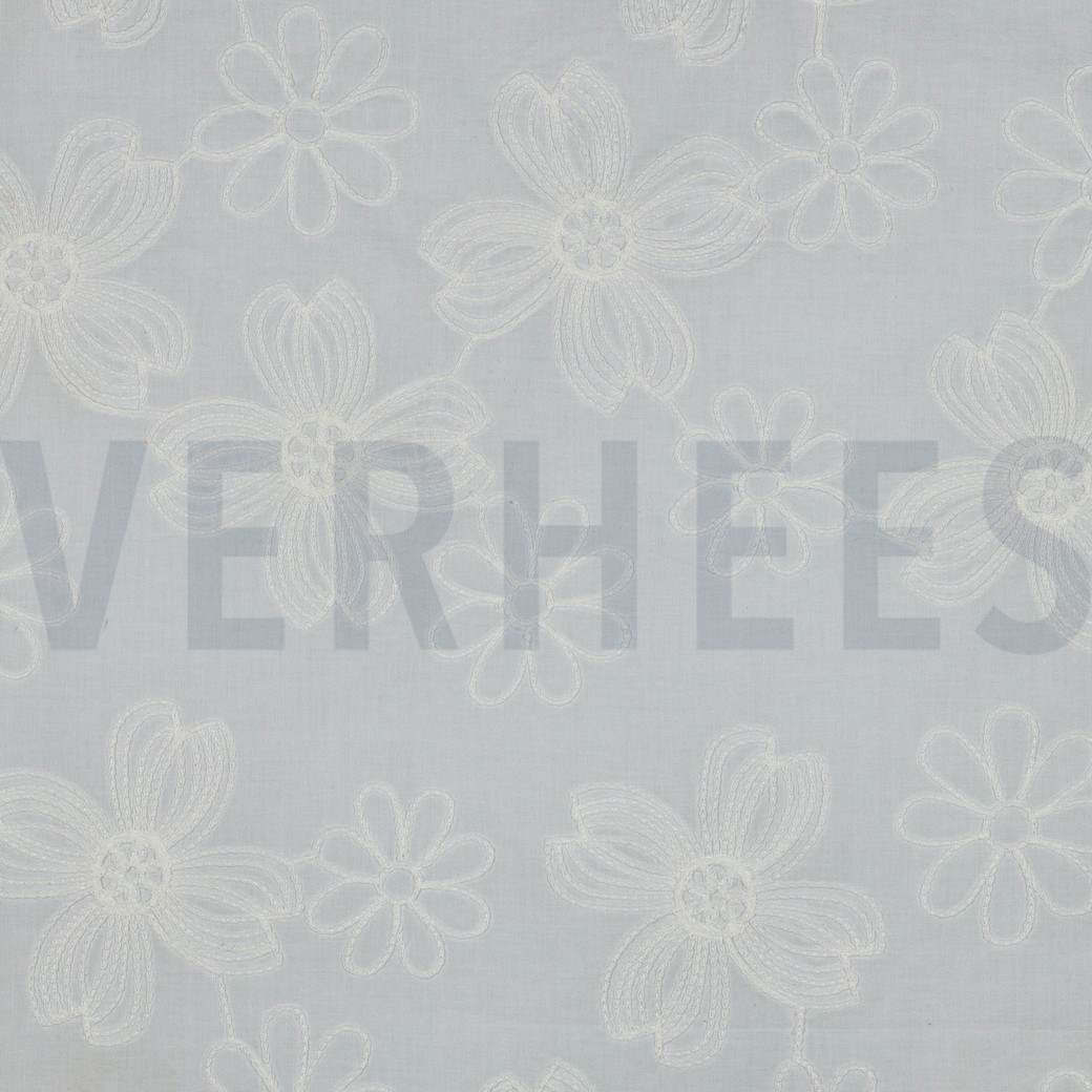 KATOENEN VOILE EMBROIDERY BLOEMEN WIT